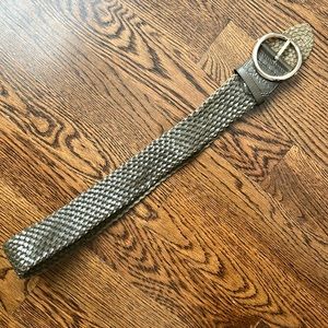 Cole Haan olive green women’s M leather belt, woven. ~43in. Gold hardware.